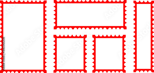 Set of Black Postage Stamp Frame Borders in Various Rectangular and Square Shapes, Perforated Edge Template for Mail and Philately Design