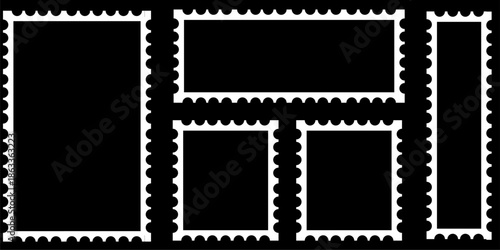 Set of Violet Postage Stamp Frame Borders in Various Rectangular and Square Shapes, Perforated Edge Template for Mail and Philately Design