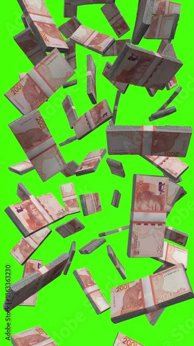 Vertical South African Rand bills falling on chromakey, ZAR finance animation for vertical video