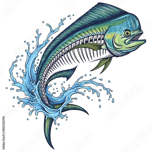 Mahi Mahi Dorado jumping fish skeleton illustration with water splash for fishing logo