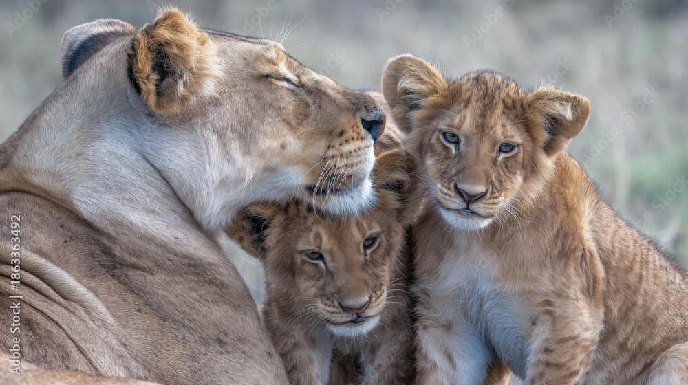 Obraz premium A lioness gently nuzzles her cubs in a close-up wildlife portrait symbolizing family, care, and protection.