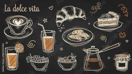 Hand Drawn Breakfast Doodles Set Vector Illustration in Chalk and Crayon Style La Dolce Vita