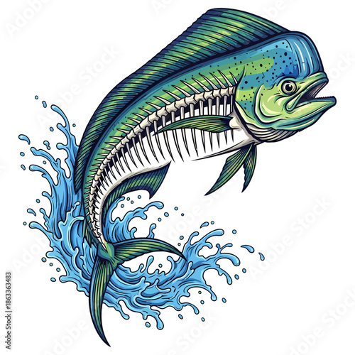 Mahi Mahi Dorado jumping fish skeleton illustration with water splash for fishing logo