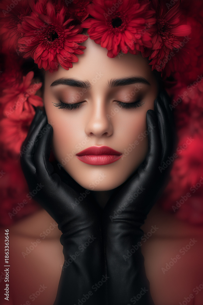 Fototapeta premium Elegant portrait of woman with black gloves surrounded by vibrant red flowers. The striking floral arrangement frames her face, enhancing her serene expression.