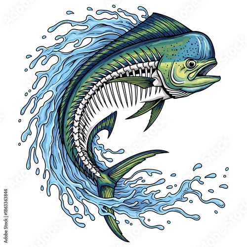 Mahi Mahi Dorado jumping fish skeleton illustration with water splash for fishing logo
