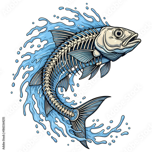 Skeleton fish jumping out of blue water splash vector illustration on white background