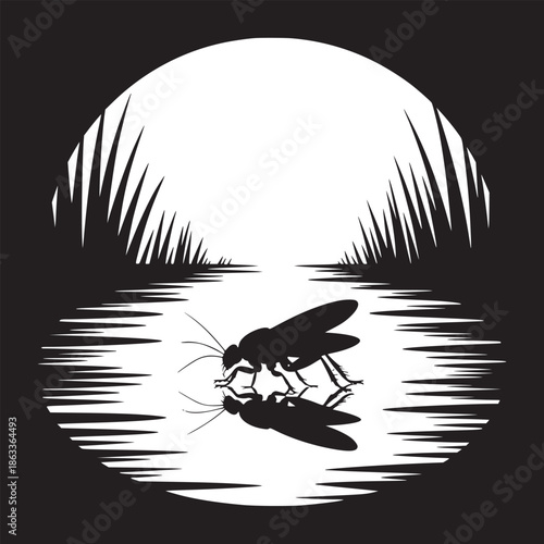 A silhouette of a cockroach reflected in water with grass and a bright moon in the background
