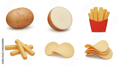 3D Potato and French Fry Vector Icon Set – Realistic Vegetable Illustration
