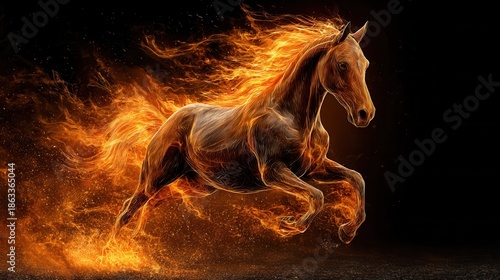 year of the fire horse, horse surrounded by flames and black background,running, jumping, 2026