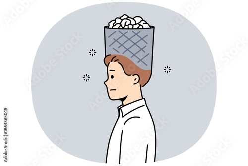 Information garbage fills head of business man who needs detox and clearing memory of unnecessary data. Information detox is required for guy to improve psychological health and avoid burnout.