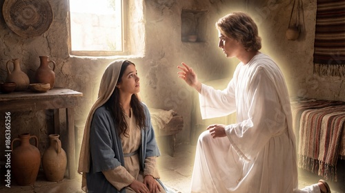 Archangel Gabriel appears to young woman Mary in ancient humble room. Biblical annunciation scene where angel delivers divine message do not be afraid. Christmas nativity story of incarnation and