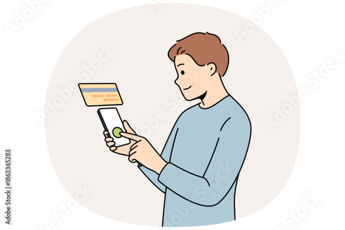 Man uses pay later function on phone while shopping online in application or ordering services. Financial technologies and banking for smartphones, with possibility of pay later to attract clients