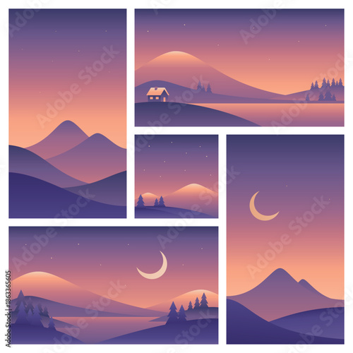 Minimalistic landscape illustrations different sizes. Mountains, hills and lake. Vector gradient images in purple colors