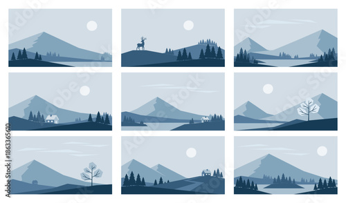 Minimalistic winter landscapes set. Mountains vector illustrations in blue colors
