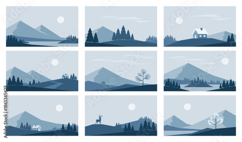 Set of minimalistic winter landscapes. Mountains vector illustrations in blue colors