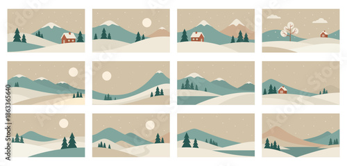 Minimalistic winter landscape set. Vector illustrations in Scandinavian style