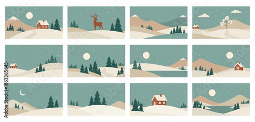 Minimalistic winter night landscape set. Vector illustrations in Scandinavian style