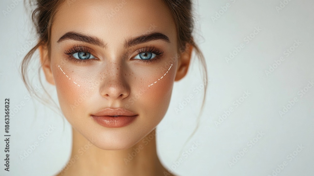 Naklejka premium Portrait of young woman female with bright blue eyes and contour lines under eyes, representing skincare beauty, aesthetic procedures, facial rejuvenation, and modern cosmetic anti-aging treatments.