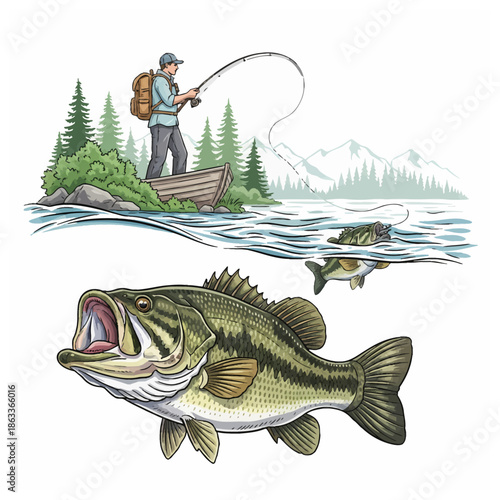 Fisherman in boat catching largemouth bass underwater view mountain landscape background