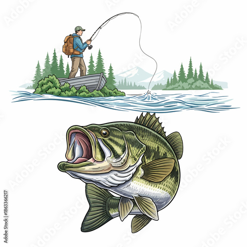Fisherman in boat catching largemouth bass underwater view mountain landscape background