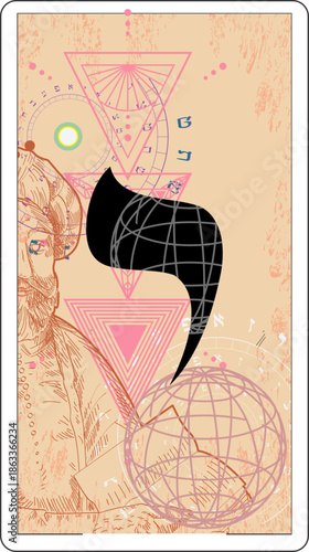 Design for a card of the Hebrew tarot. Hebrew letter called Yod larg and black. 