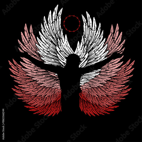 T-shirt design featuring a silhouette of a winged man with open arms on a black background. Ideal image to represent Jesus Christ