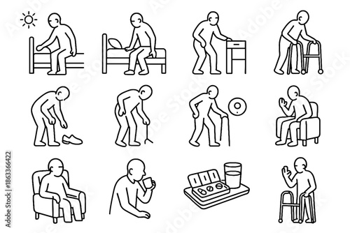 Hydration safety proper vector footwear icon completion routine elderly support movement morning