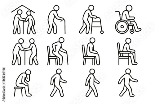 Elderly energy aid stable rest icon support walking vector confidence safety icons