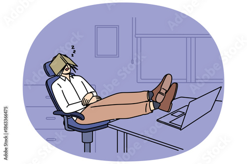 Man sleeps sitting in office and with legs on table, covering face with diary, demonstrating laziness. Lazy clerk sleeping at workplace due to lack of motivation and kpi indicators in corporation