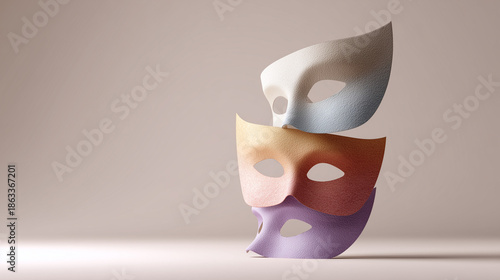 Colorful masks stacked on neutral background for Purim celebration. Creative masks symbolize festivity and playful spirit of Purim festivities with vibrant colors.