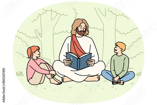 Jesus christ reads bible to little children sitting in park, talking about christian religion. Concept of christian education for pre-teen kids, and study of gospel and sacred commandments
