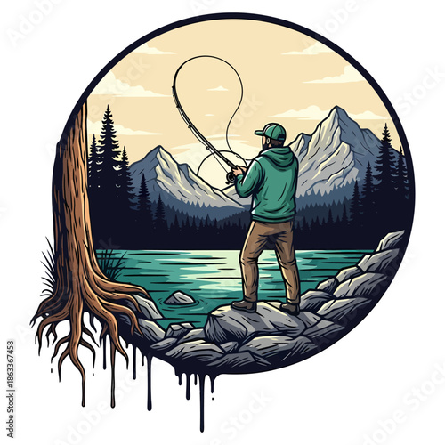 Man fly fishing in mountain lake with forest background vintage style vector illustration