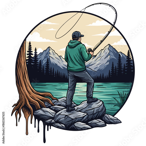 Man fly fishing in mountain lake with forest background vintage style vector illustration