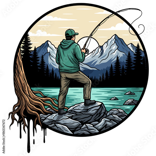 Man fly fishing in mountain lake with forest background vintage style vector illustration