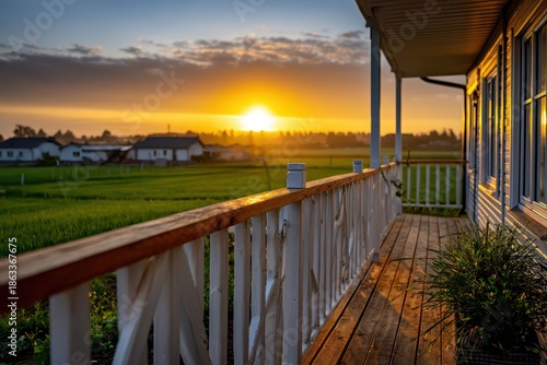 A serene sunrise view from a wooden porch overlooking a green field and distant houses, capturing the golden light of dawn illuminating the landscape and the wooden floor.
