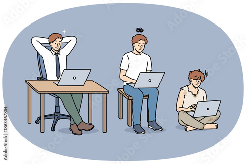 Evolution of man office clerk using laptop, gradually turning into successful manager. Primitive man with computer work hard and become happy office worker thanks to ambition and motivation