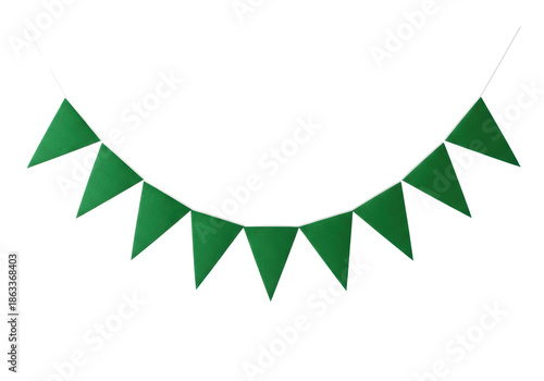 ultra-detailed, symmetrical emerald green matte fabric bunting flags suspended on white twine against a pristine high-key white background with copy space. concept for elegant celebration