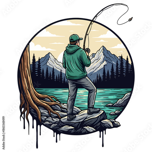 Man fly fishing in mountain lake with forest background vintage style vector illustration