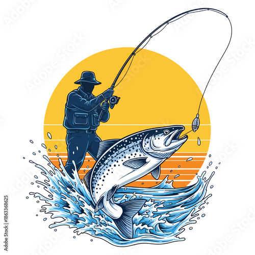 Fisherman catching a large salmon trout fish with fishing rod in the river at sunset background