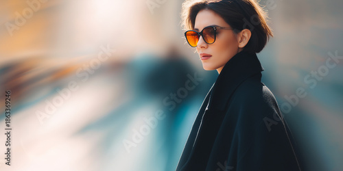 Fashionable woman in sunglasses walking through urban scene with motion blur. Chic style enhances vibrant city lifestyle, showcasing summer trends and modern aesthetics in daily life.