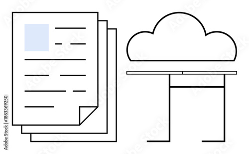 Cloud computing, data storage, online collaboration, file sharing, digital transformation, remote access. Stacked papers next to a cloud icon. Cloud computing and data storage concept