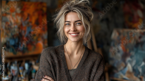 Artistic Modern Portrait: Joyful Smiling Woman in Colorful Studio Background