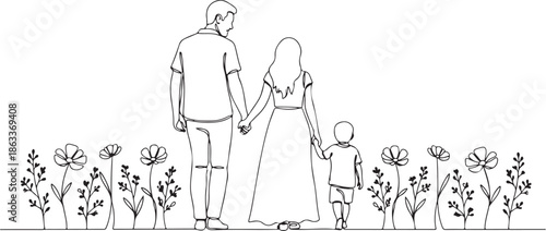 Happy family walking in flower garden line art. Father, mother and son holding hands in nature meadow. Minimalist continuous line drawing vector illustration.