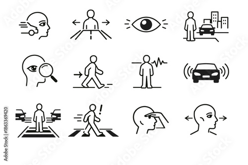 Approaching safety urban traffic crossing icon cue curbside vehicle vigilance situational vector