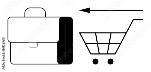 Business transition concept. Visuals of a briefcase and shopping cart with an arrow indicating movement. Business transition reflecting trade, commerce, and economic shifts. For e-commerce, business