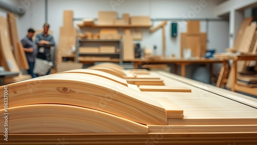 balsa. Neatly arranged precision-cut balsa wood pieces with natural textures in a workshop. safety posters, maintenance manuals, designed for precision metalworking and fabrication facilities.