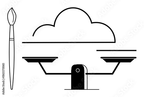 Creativity, innovation, balance, artistic contribution, cloud storage, equality. A cloud, a balance scale and a paintbrush. Creativity and innovation concept combining art and equilibrium