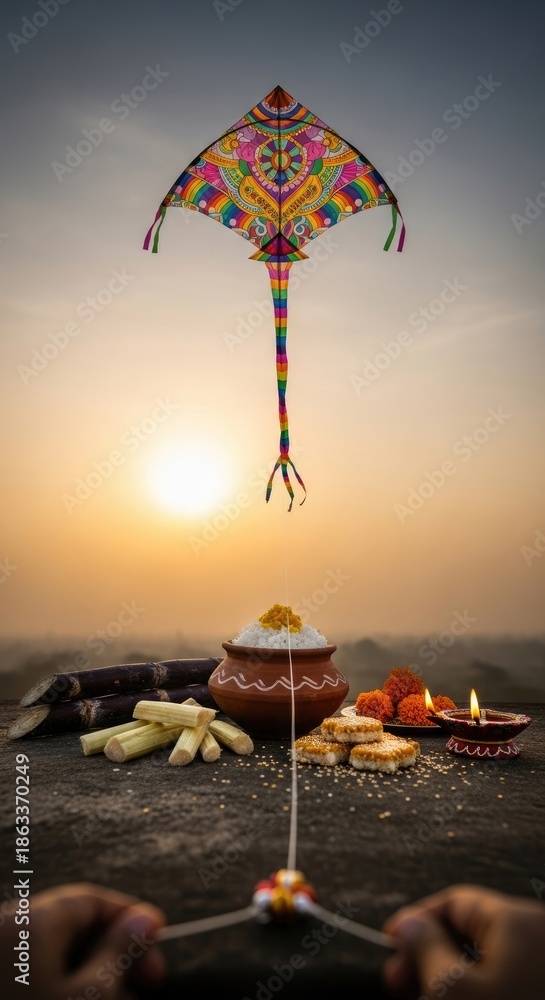 Fototapeta premium Joyful Makar Sankranti festival, hands flying a colorful kite against a radiant sunset sky, alongside traditional sugarcane, sweet sesame, rice, and glowing earthen lamps.