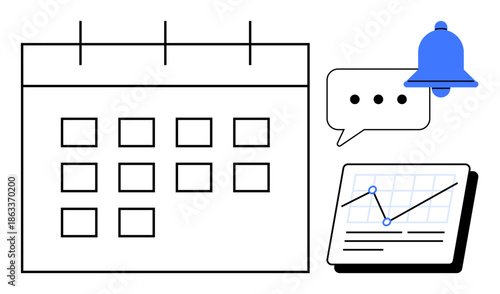 Large calendar grid with a blue notification bell, speech bubble, and analytics chart. Ideal for scheduling, reminders, productivity tracking, planning, organization, data analysis and work
