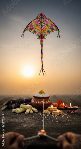 Joyful Makar Sankranti festival, hands flying a colorful kite against a radiant sunset sky, alongside traditional sugarcane, sweet sesame, rice, and glowing earthen lamps.